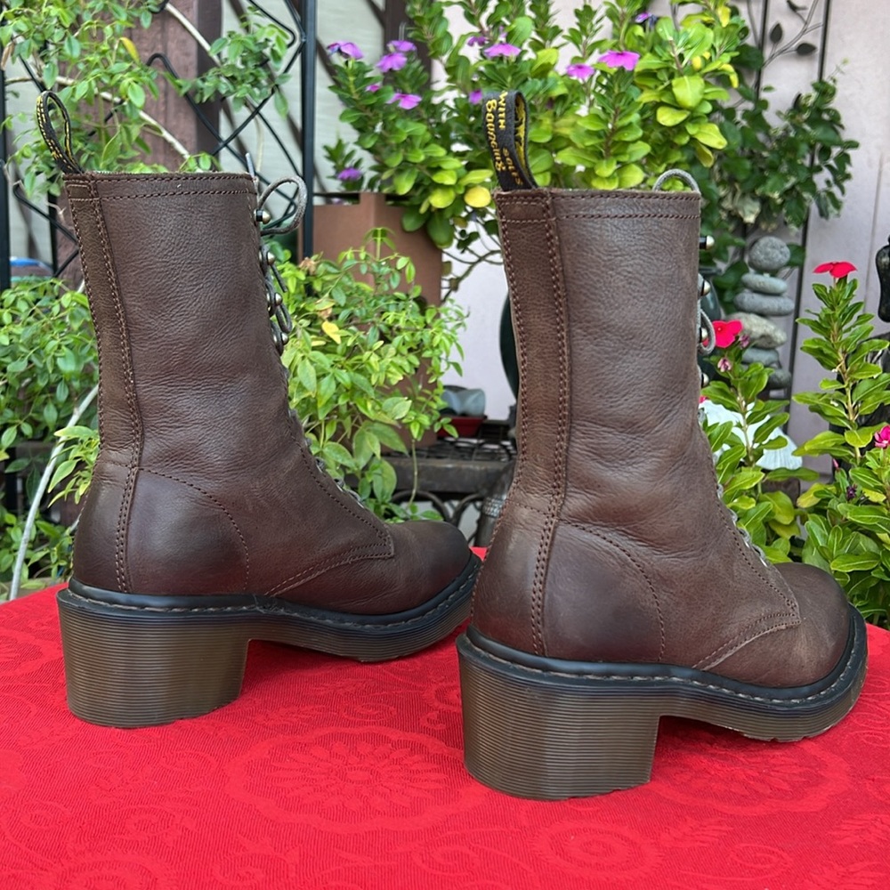 Dr. Martens Granny Style Plaid Lined Mid Calf Lace Up Heeled Brown Leather Boots - Picture 7 of 17